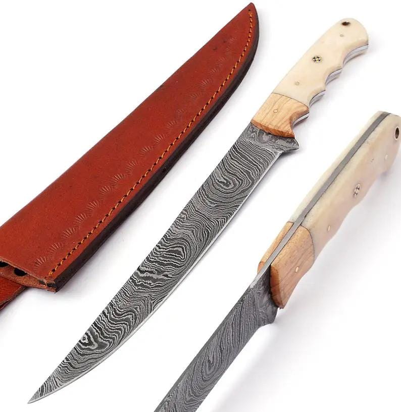 Custom Handmade 13 Inch Damascus Fillet Knife with Olive Wood and Bone Handle | 13 Inch | Damascus Steel | Home
