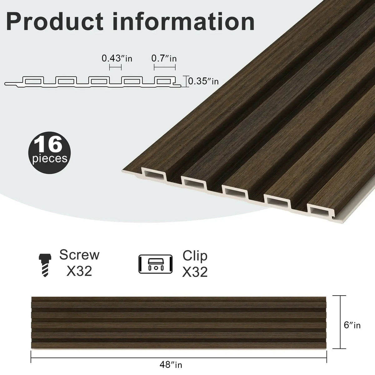 WPC Slat Wall Panel | Waterproof Fire Resistant | 16 Pack | 48X6 Inches