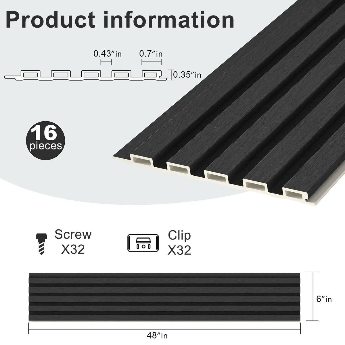 WPC Slat Wall Panel | Waterproof Fire Resistant | 16 Pack | 48X6 Inches