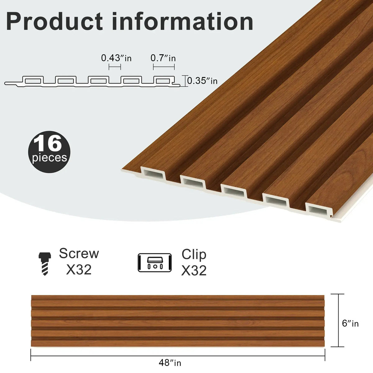 WPC Slat Wall Panel | Waterproof Fire Resistant | 16 Pack | 48X6 Inches