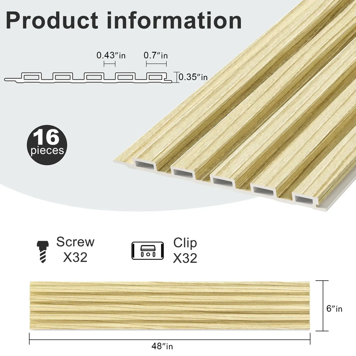 WPC Slat Wall Panel | Waterproof Fire Resistant | 16 Pack | 48X6 Inches