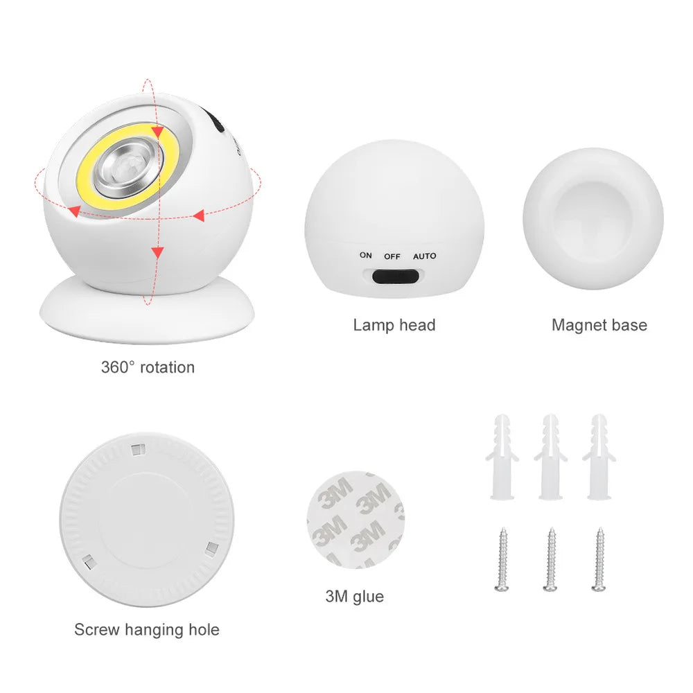 LED Night Light | 360 Degree Rotating COB Ball | PIR Sensor | USB Battery Powered