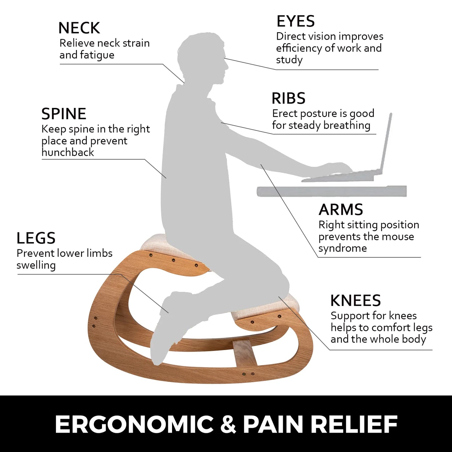 Ergonomic Kneeling Chair | Thick Cushioned Seat | Wood Rocking Base