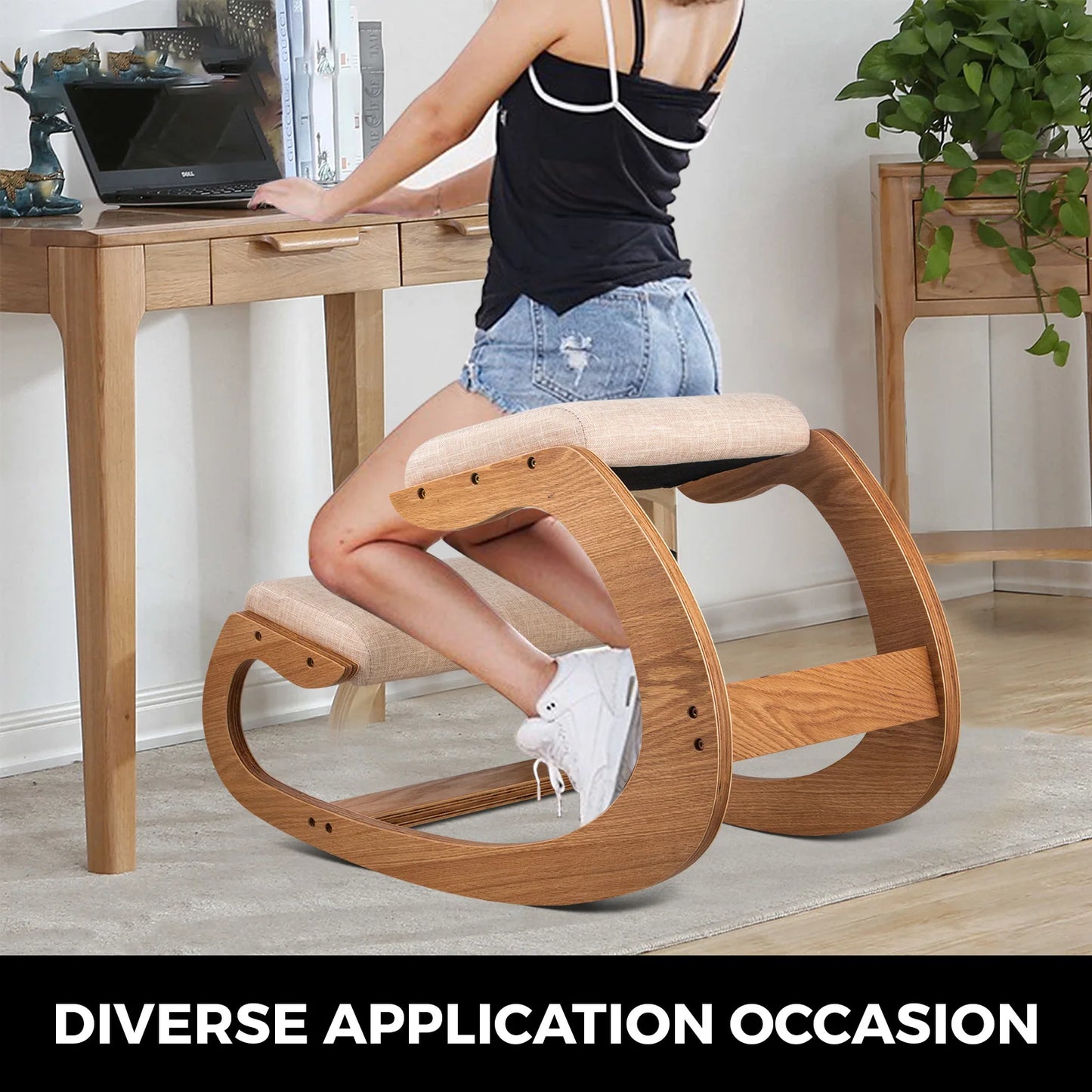 Ergonomic Kneeling Chair | Thick Cushioned Seat | Wood Rocking Base