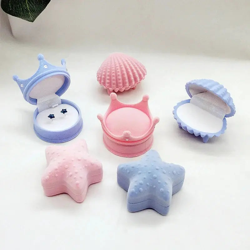 Flock Suede Velvet Flip Child Kid Necklace Earring Stud Finger Ring Exquisite Shell Starfish Crown Jewelry Box Jewel Case from PriceLows™
