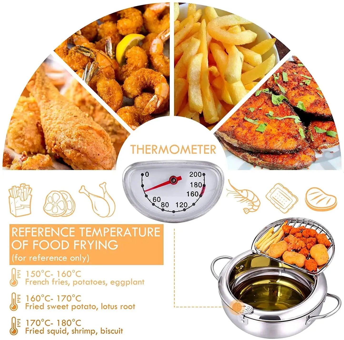 Deep Frying Pot | 304 Stainless Steel | With Thermometer And Lid | 20cm, 24cm