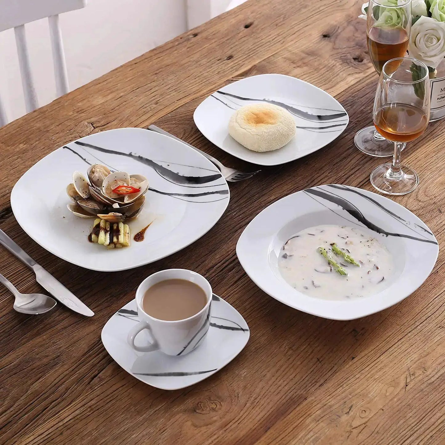VEWEET TERESA 30/60-Piece Porcelain China Ceramic Dinner Set with Cups Saucers Dessert Plates Soup Plates Dinner Plates Set from PriceLows™