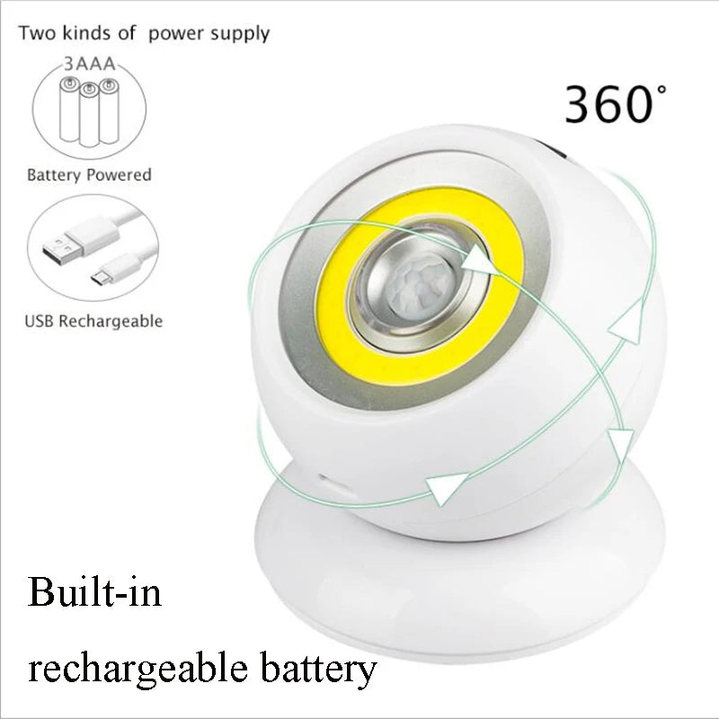 LED Night Light | 360 Degree Rotating COB Ball | PIR Sensor | USB Battery Powered