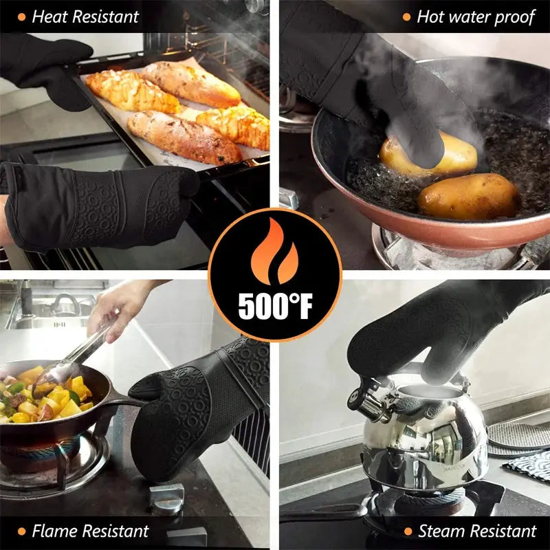 Oven Mitts and Pot Holders Set | Silicone | Extra Long | 6 Piece