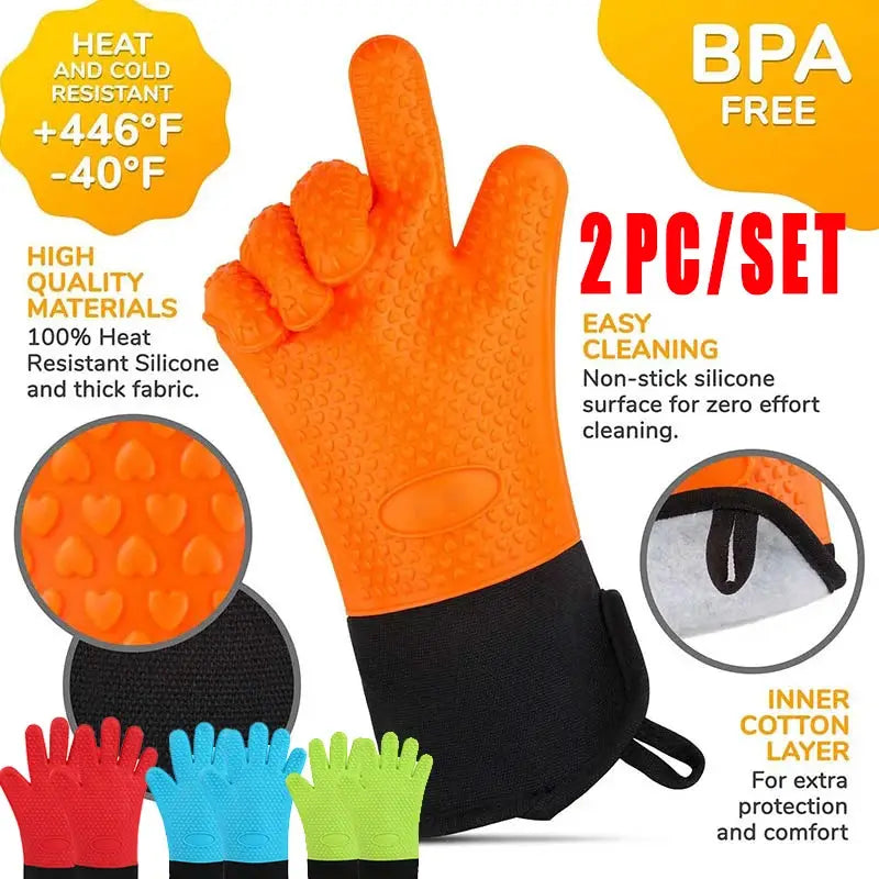 Silicone Heat Resistant Gloves | Non-Slip Grip | Oven Grill Mitts | 1-2 Pcs