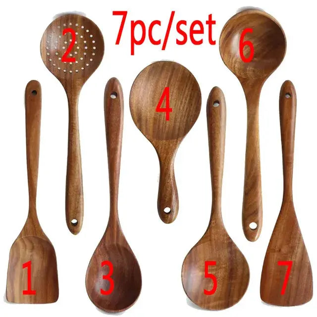 1-9Pcs/set Wooden Kitchen Utensils Set, Wooden Spoons for Cooking, Utensils,Natural Teak Wooden Spoons For Non-stick Pan Gift from PriceLows™