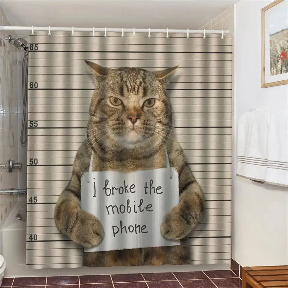 Cat Brushing Teeth Shower Curtain Bathroom Product Waterproof Durable Polyester Fabric Room Decoration cortinas With 12pcs Hooks from PriceLows™