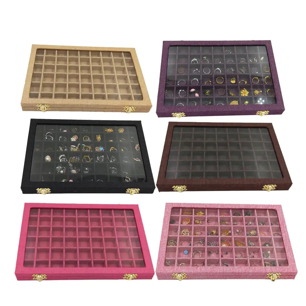 Ring Holder Box 54 Grids Clear Glass Lid Showcase 40 Slots Jewelry Organizer Jewelry Box for Earrings Necklaces Bracelets from PriceLows™
