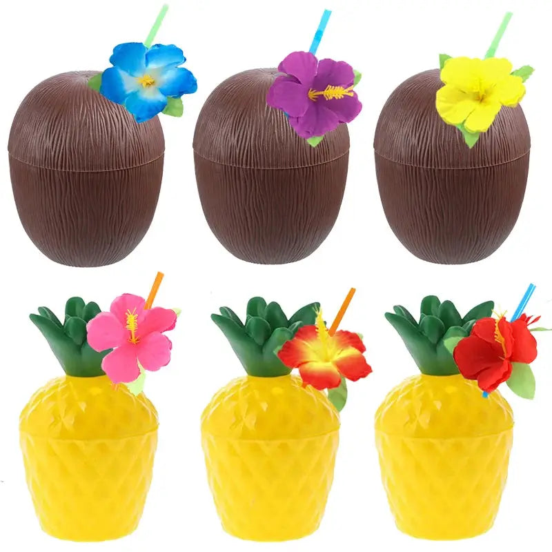 Plastic Drinking Cups | 6-Set Tropical Style | With Straws For Luau Parties