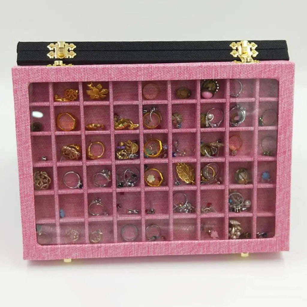 Ring Holder Box 54 Grids Clear Glass Lid Showcase 40 Slots Jewelry Organizer Jewelry Box for Earrings Necklaces Bracelets from PriceLows™