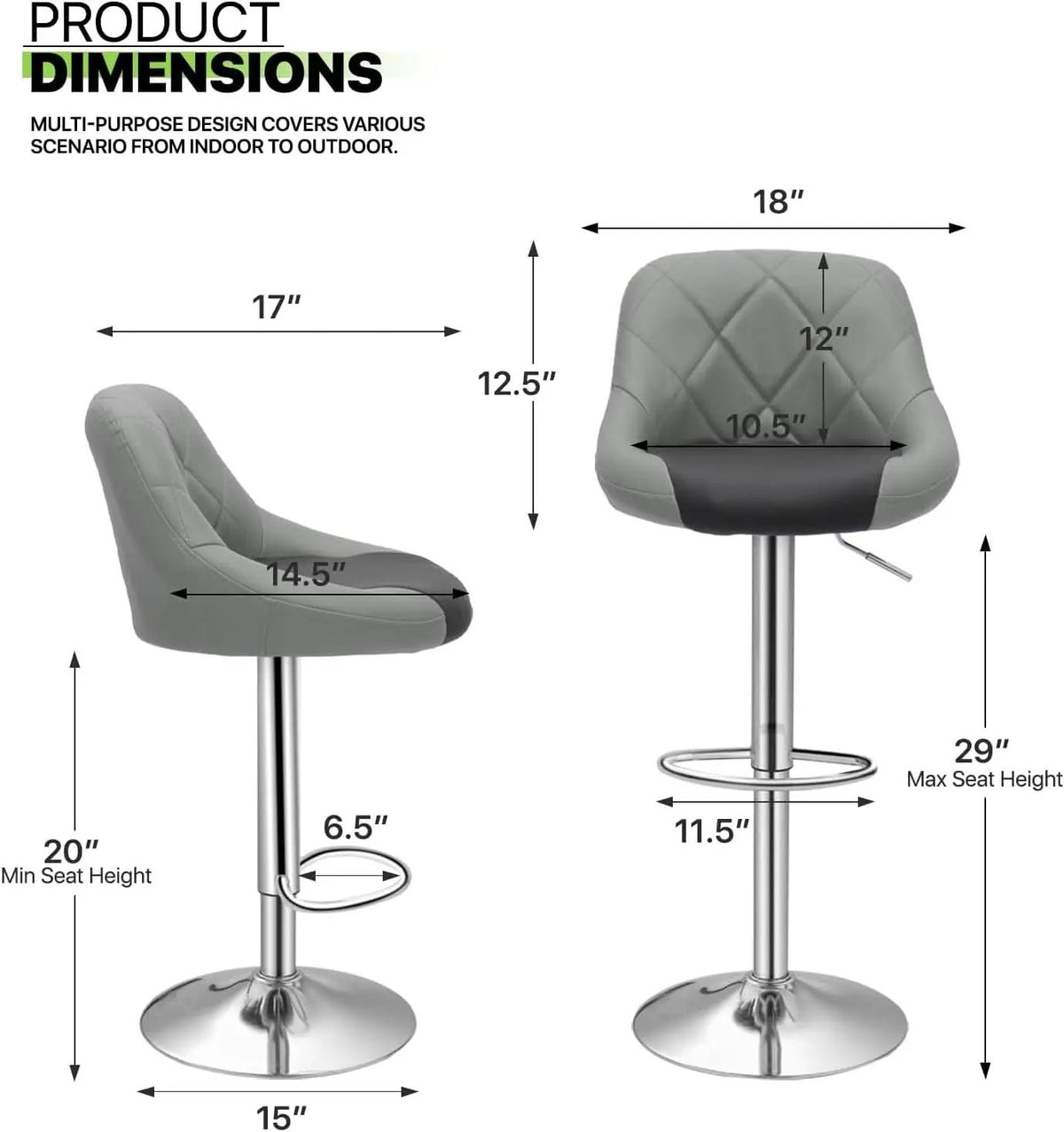 Height Adjustable Grey PU Leather Bar Stools Set Of 2 from PriceLows™