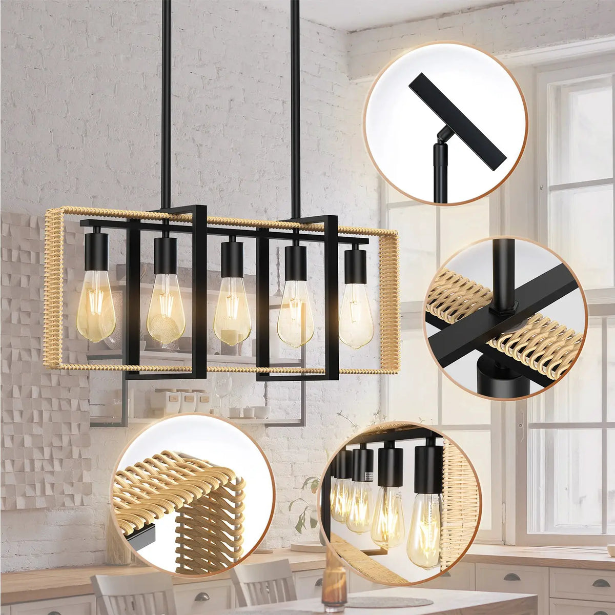 5 Lights Celling Light Fixture Rattan Pendant Height Adjustable Indoor Lighting for Farmhouse Dining Room Kitchen Home Decor from PriceLows™