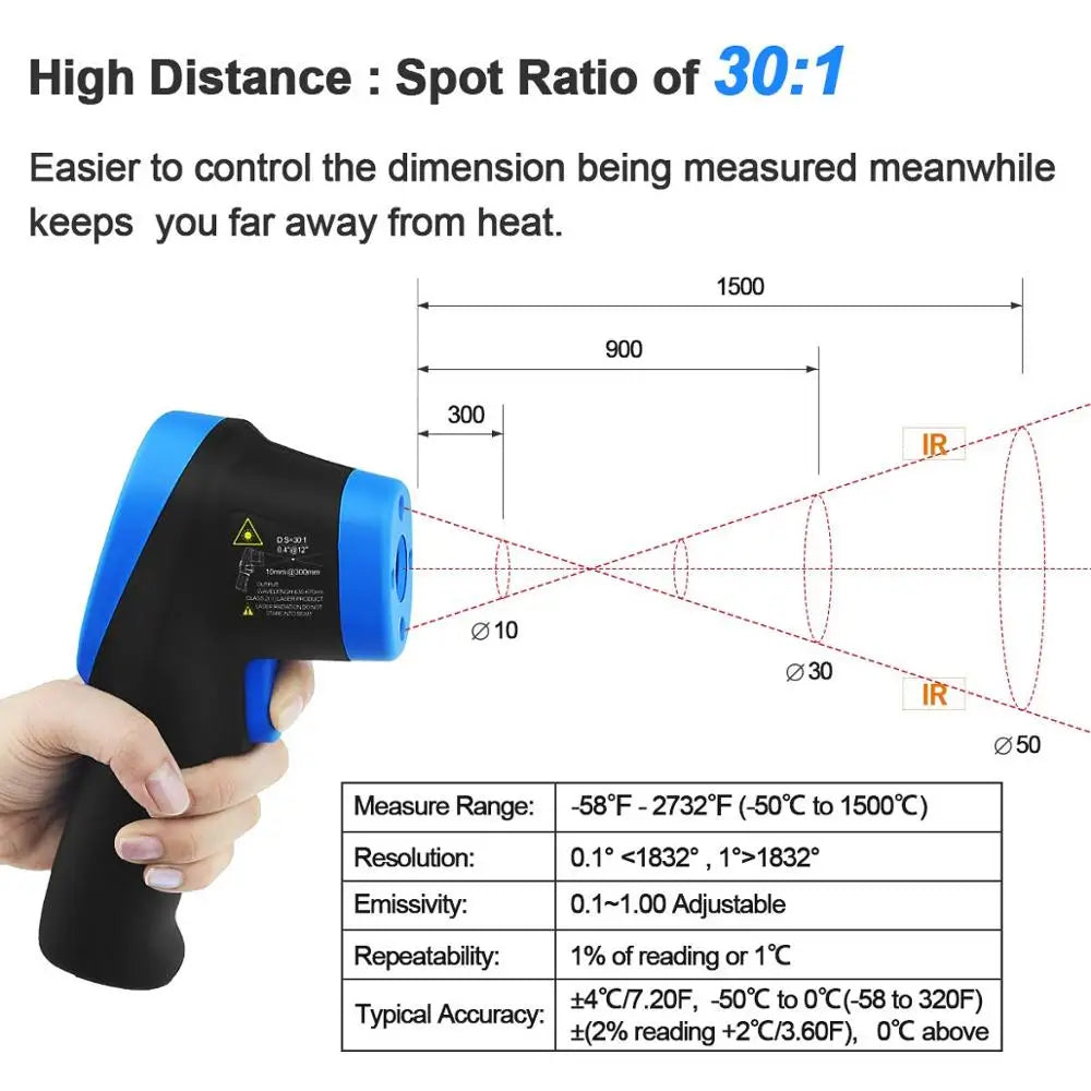 Infrared Thermometer | Range -50 to 1500 C | 30:1 D:S Ratio | BT-1500
