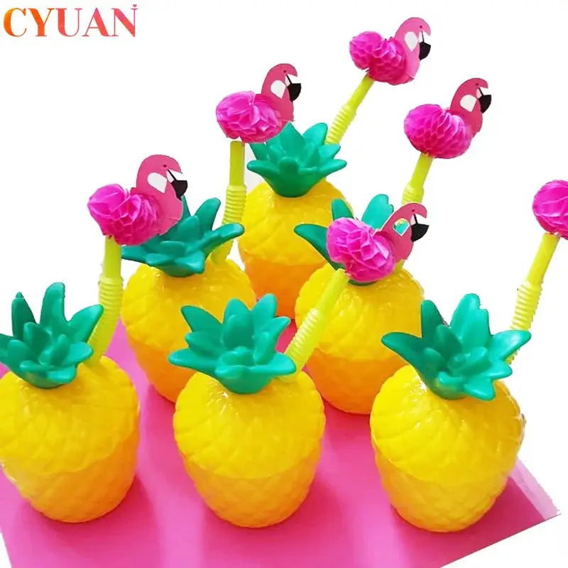 Plastic Drinking Cups | 6-Set Tropical Style | With Straws For Luau Parties