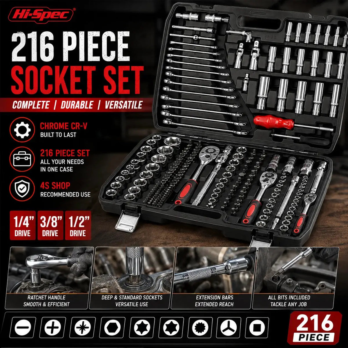Hi-Spec 216PCS Mechanics Tool Set 1/4" 3/8" 1/2" Drive Socket Wrench Kit Ratchet Mixed Wrenches Auto Repair Tool Box Case from PriceLows™