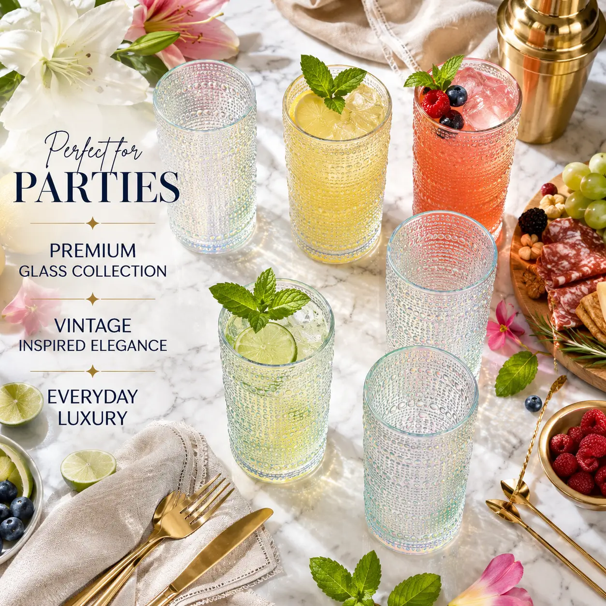 Hobnail Highball Glass Durable Clear Glassware Set Of 6
