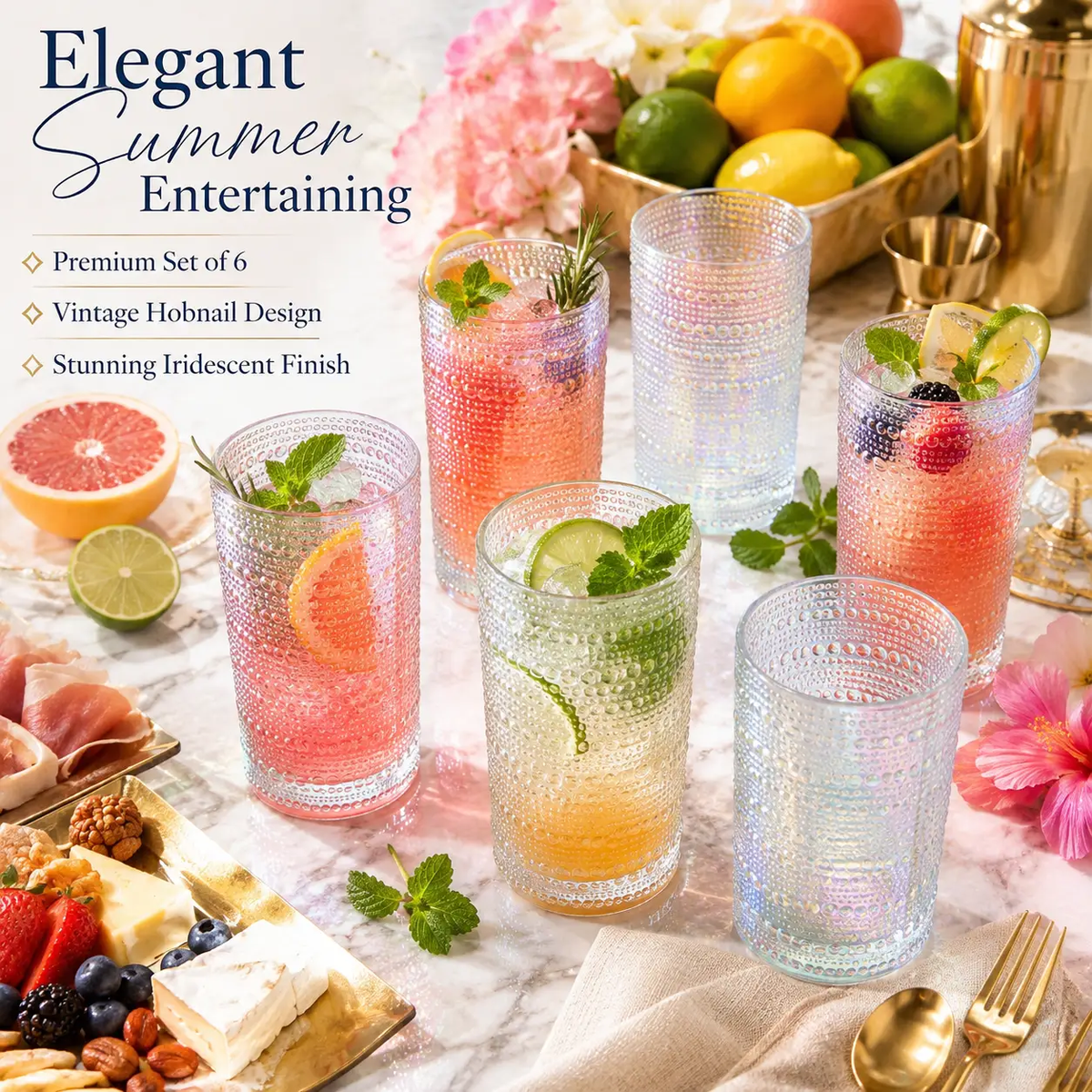 Hobnail Highball Glass Durable Clear Glassware Set Of 6