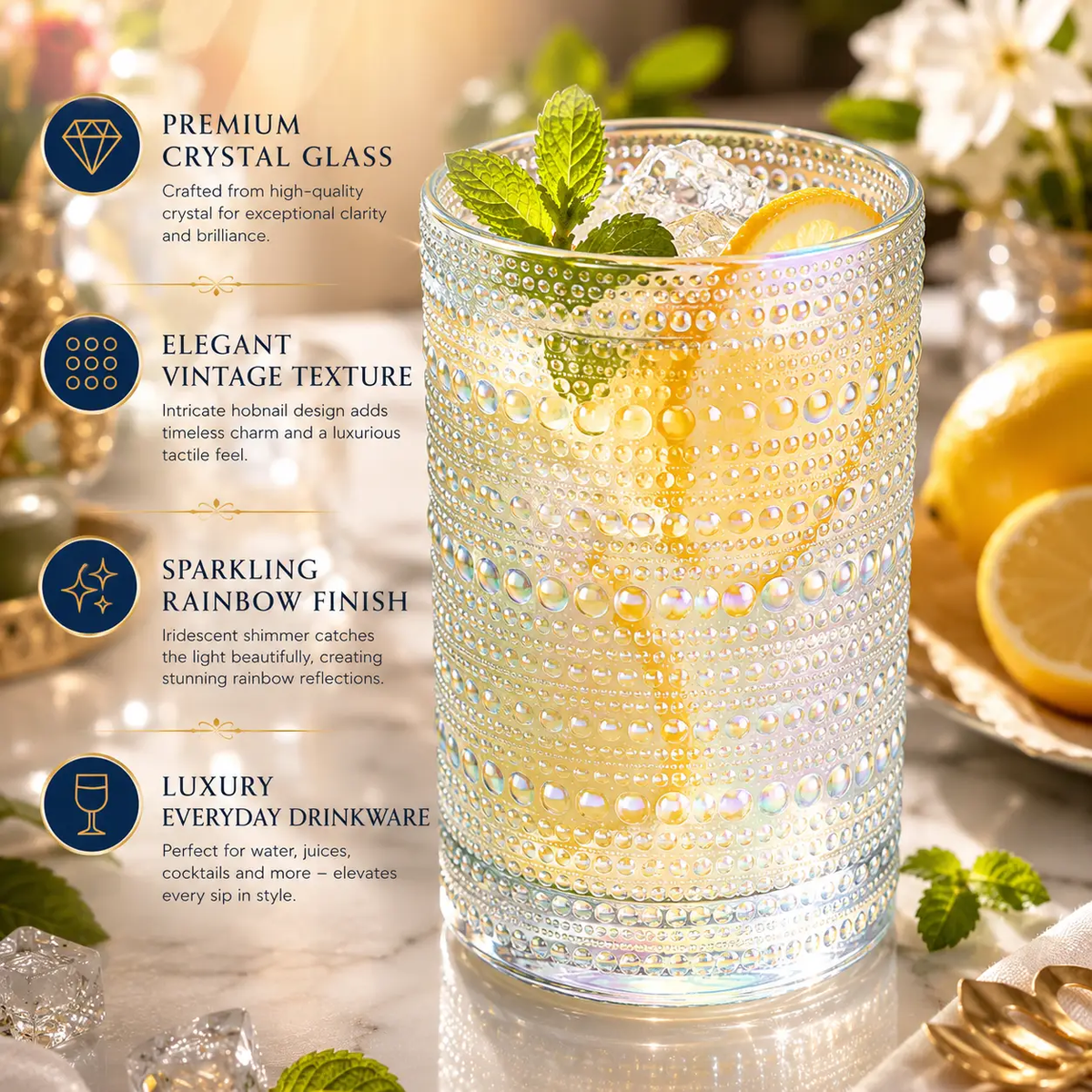 Hobnail Highball Glass Durable Clear Glassware Set Of 6