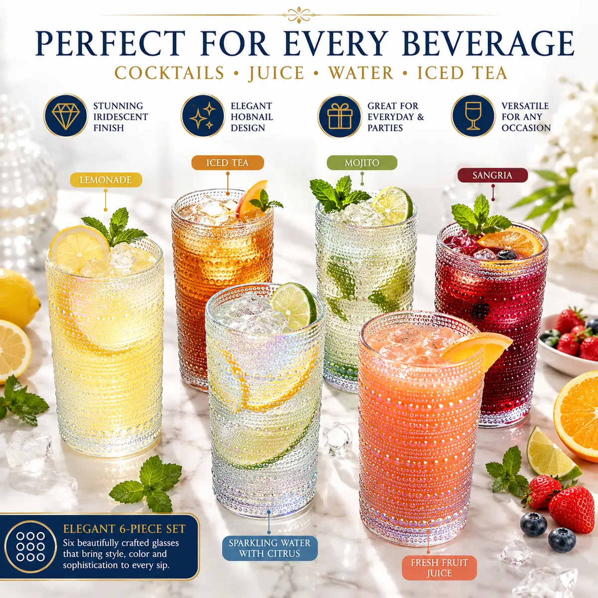 Hobnail Highball Glass Durable Clear Glassware Set Of 6