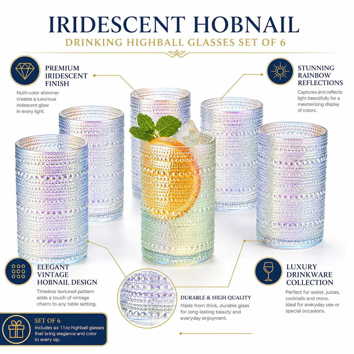 Hobnail Highball Glass Durable Clear Glassware Set Of 6