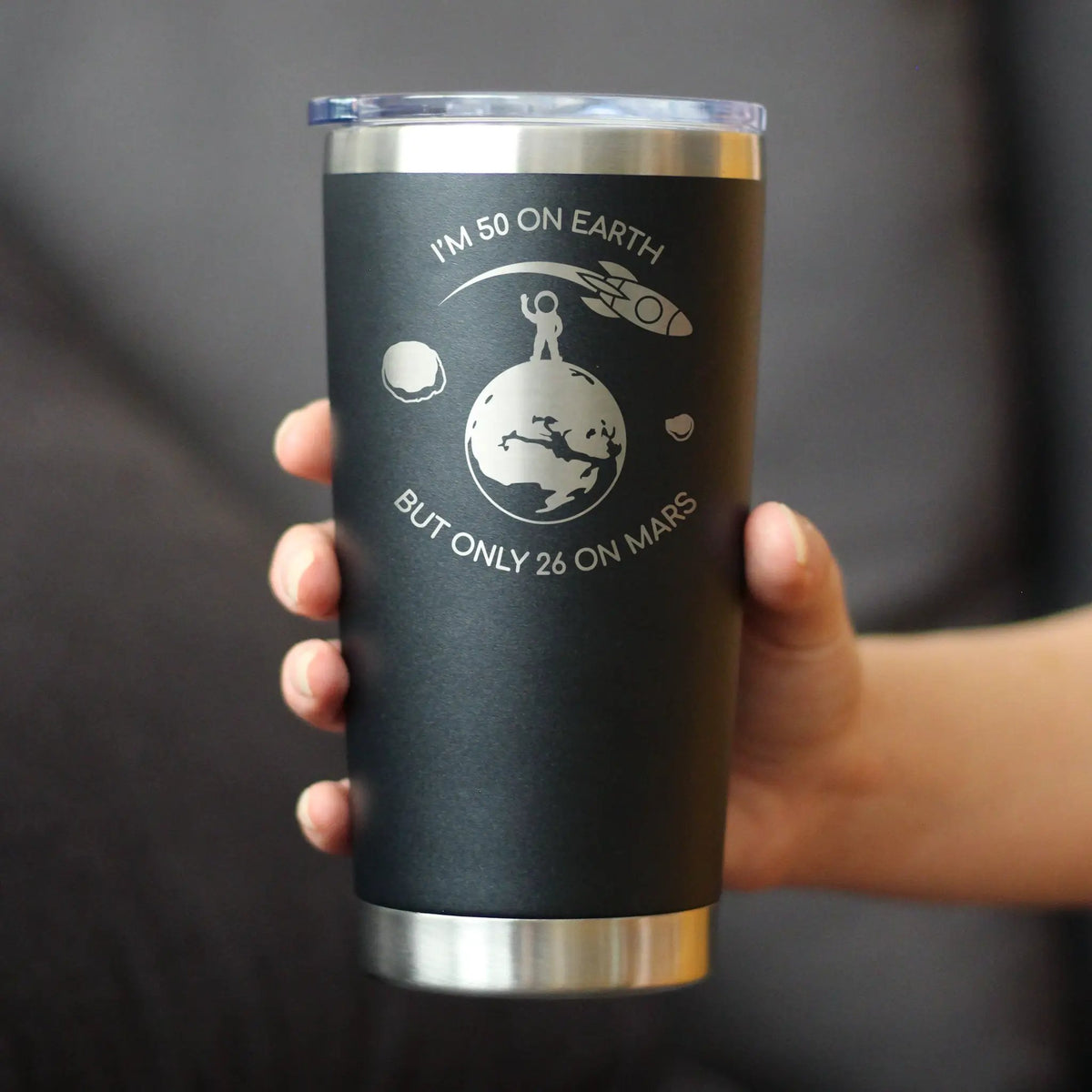 Age on Mars 50 Coffee Tumbler | 20 Oz Double Wall Stainless Steel | Sliding Lid | Unique Funny 50th Birthday Gifts