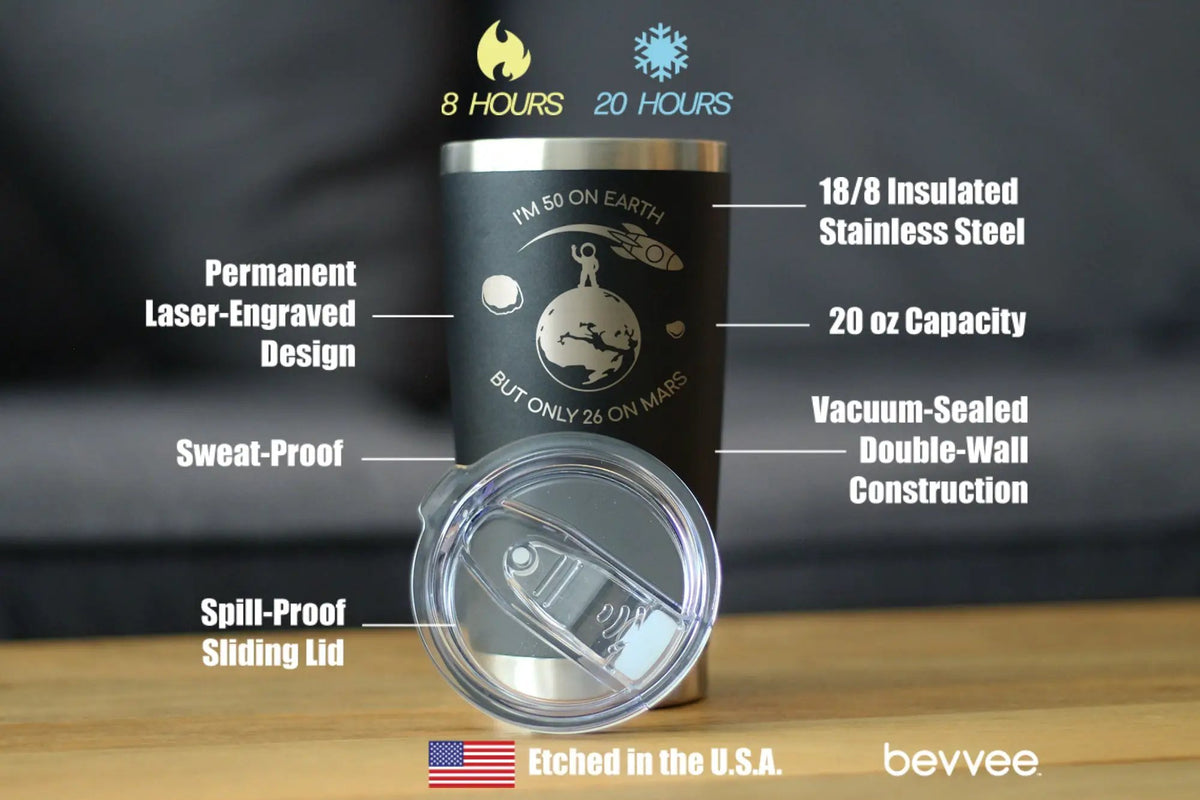 Age on Mars 50 Coffee Tumbler | 20 Oz Double Wall Stainless Steel | Sliding Lid | Unique Funny 50th Birthday Gifts