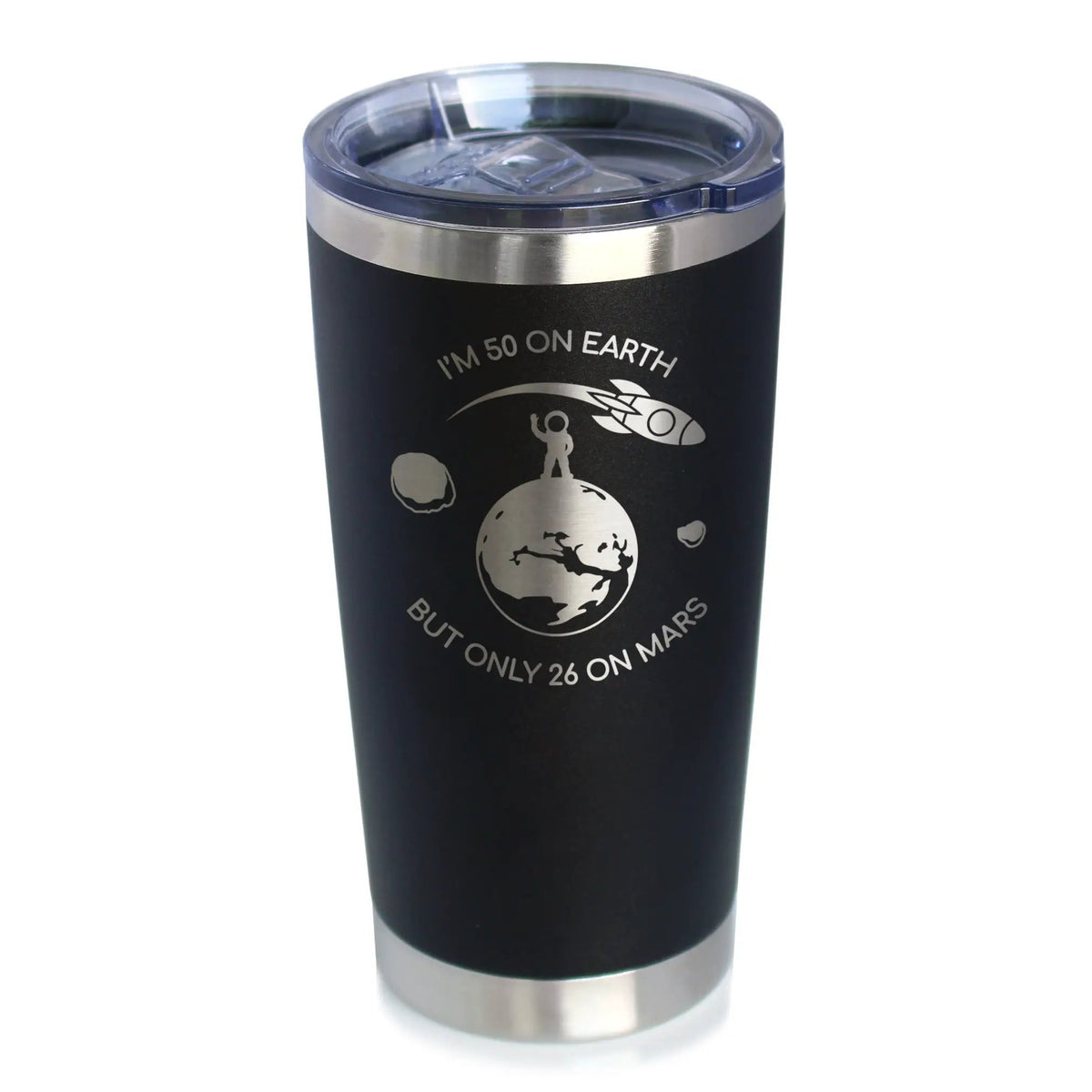 Age on Mars 50 Coffee Tumbler | 20 Oz Double Wall Stainless Steel | Sliding Lid | Unique Funny 50th Birthday Gifts