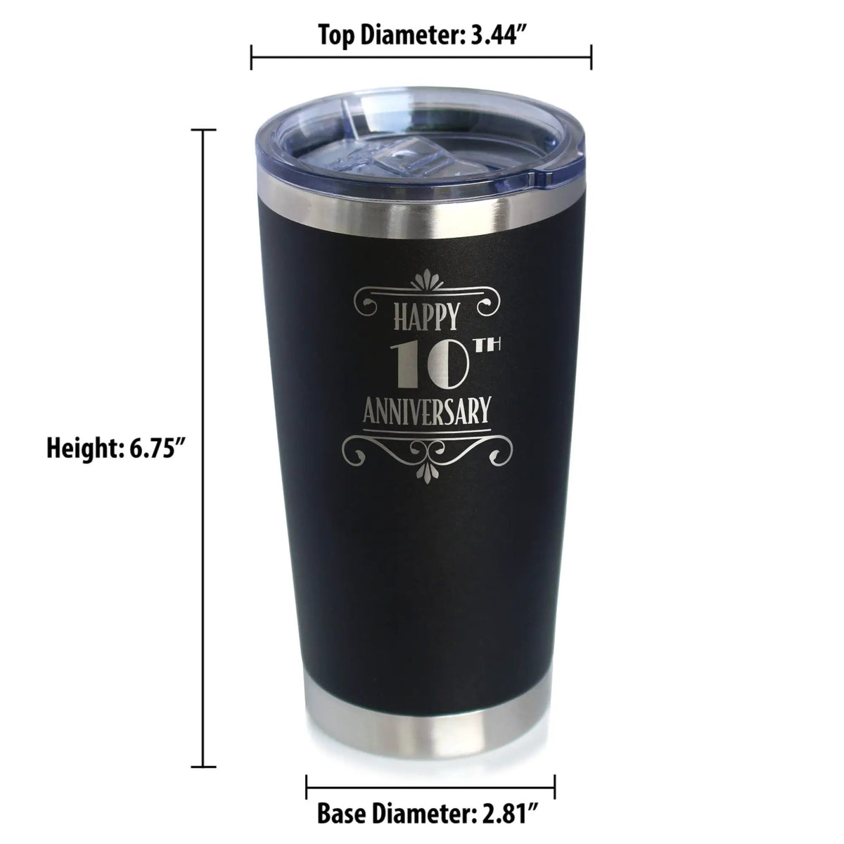 Happy 10th Anniversary Gifts Coffee Tumbler | 20 Oz Double Wall Stainless Steel | Sliding Lid | 10 Year Anniversary Art Deco Party Decor