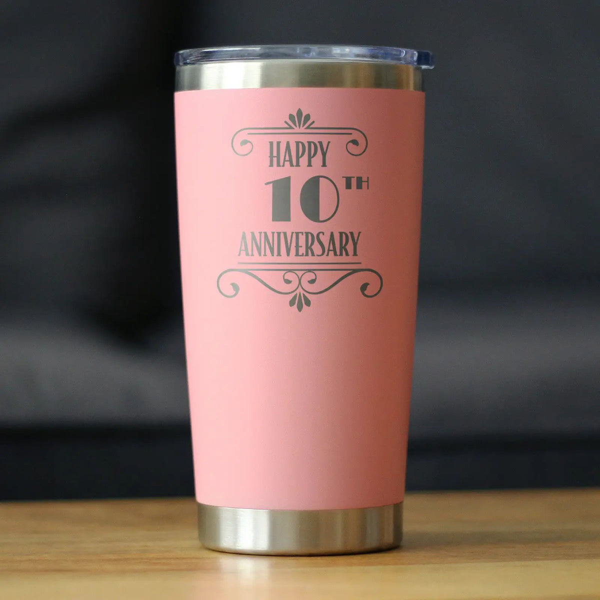 Happy 10th Anniversary Gifts Coffee Tumbler | 20 Oz Double Wall Stainless Steel | Sliding Lid | 10 Year Anniversary Art Deco Party Decor