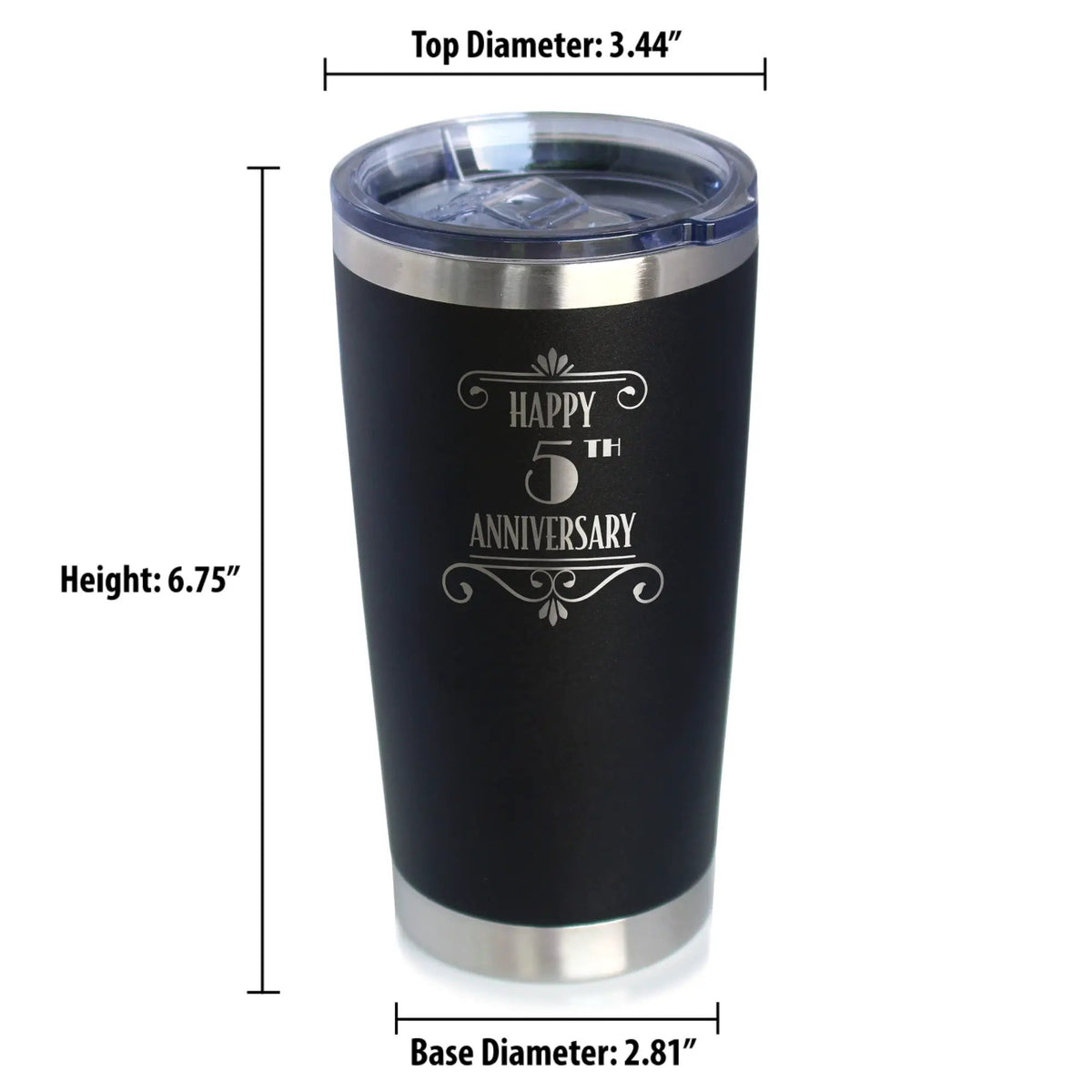 Happy 5th Anniversary Gifts Coffee Tumbler | 20 Oz Double Wall Stainless Steel | Sliding Lid | 5 Year Anniversary Art Deco Party Decor