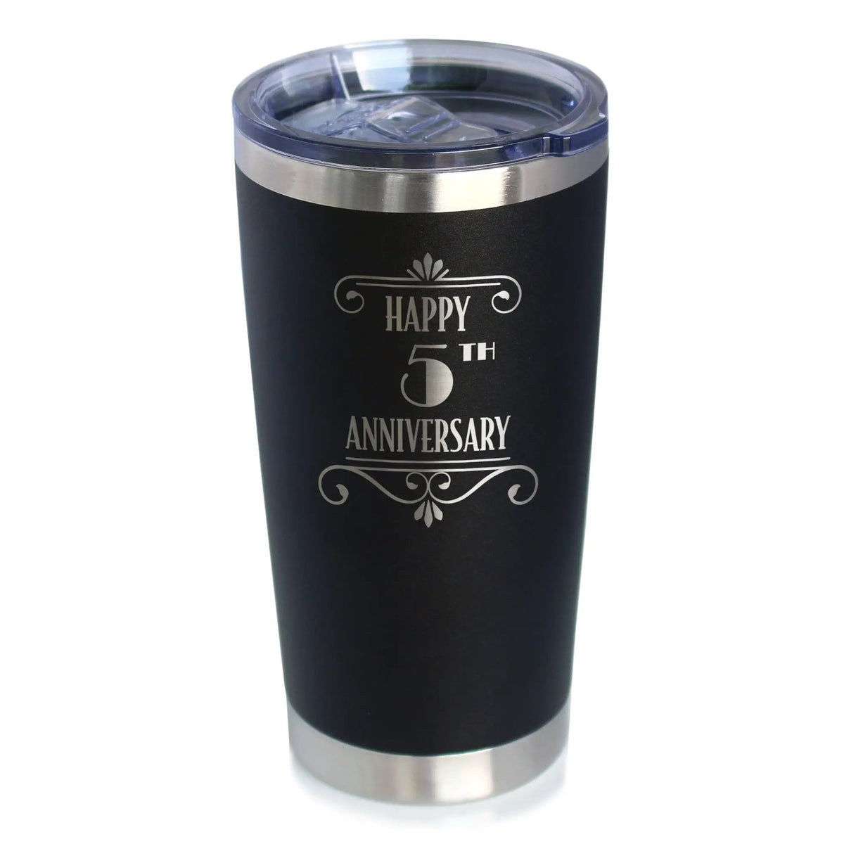 Happy 5th Anniversary Gifts Coffee Tumbler | 20 Oz Double Wall Stainless Steel | Sliding Lid | 5 Year Anniversary Art Deco Party Decor