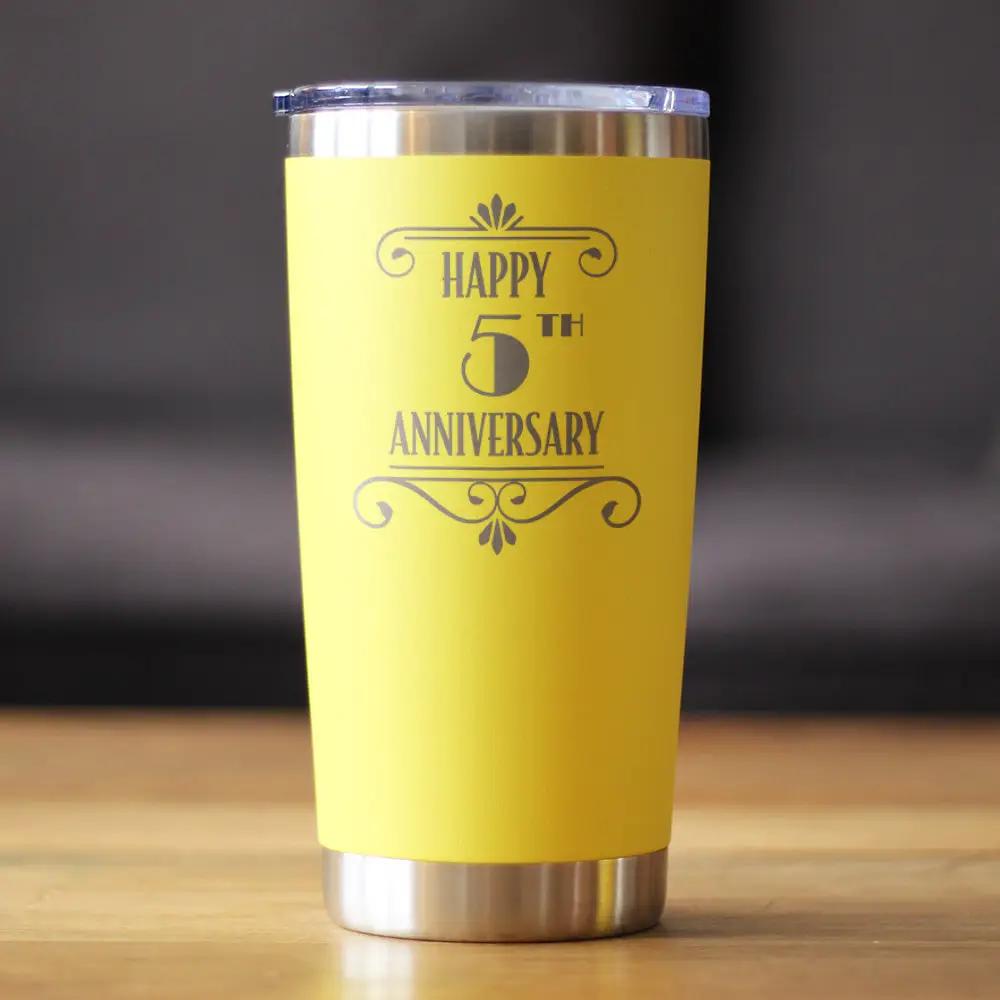 Happy 5th Anniversary Gifts Coffee Tumbler | 20 Oz Double Wall Stainless Steel | Sliding Lid | 5 Year Anniversary Art Deco Party Decor