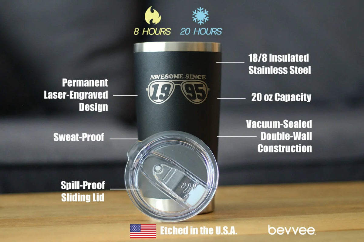 Awesome Since 1995 Coffee Tumbler | 20 Oz Double Wall Stainless Steel | Sliding Lid | 30th Birthday Gift Ideas