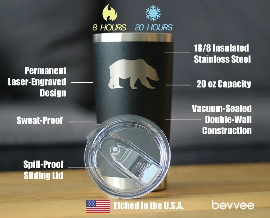 Insulated Coffee Tumbler | 20 oz Stainless Steel | Sliding Lid | Bear Silhouette