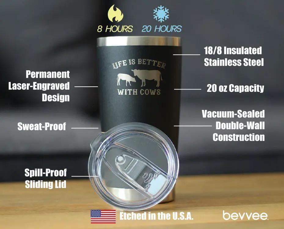 Insulated Coffee Tumbler | 20 oz Stainless Steel | Sliding Lid | Life is Better With Cows