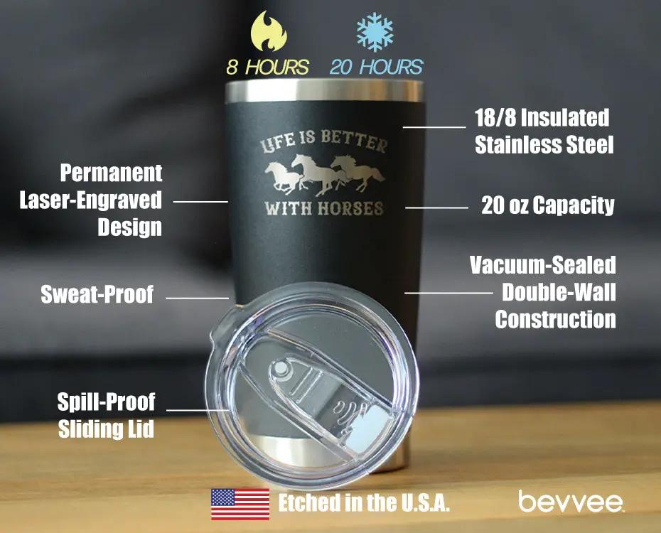 Life is Better With Horses Coffee Tumbler | 20 Oz Double Wall Stainless Steel | Sliding Lid | Horse Gifts For Women and