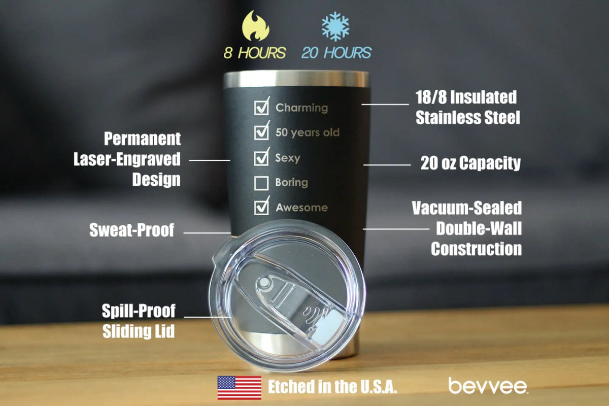 Coffee Tumbler | 20oz Vacuum Insulated | Stainless Steel | 50th Birthday Lid