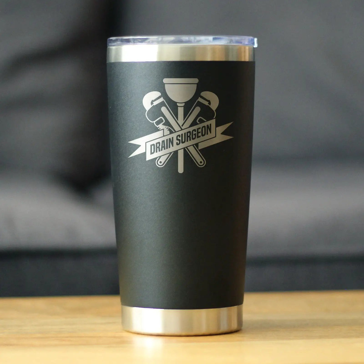 Drain Surgeon Coffee Tumbler | 20 Oz Double Wall Stainless Steel | Sliding Lid | Funny Plumber Gifts