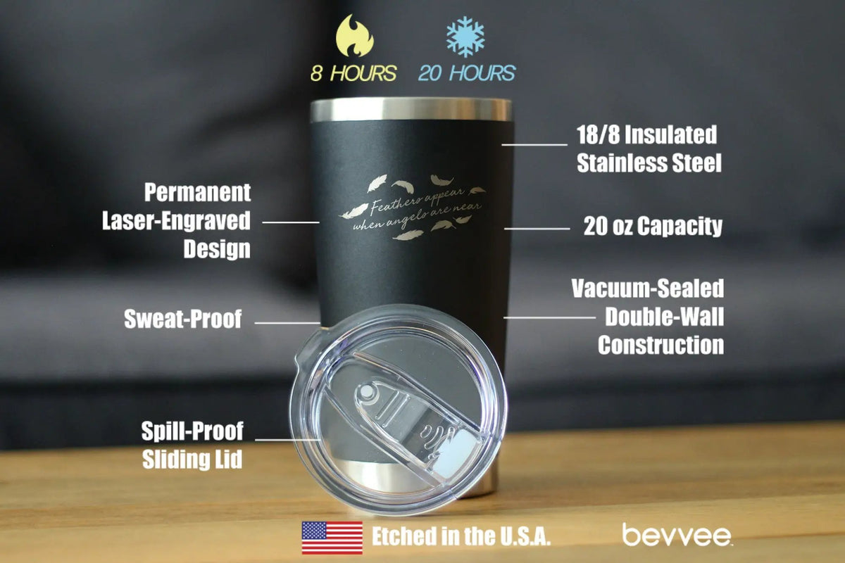 Feathers Appear when Angels are Near Coffee Tumbler | 20 Oz Double Wall Stainless Steel | Sliding Lid | Bereavement Memorial Gifts