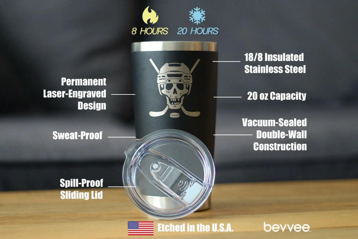 Hockey Skull Coffee Tumbler | 20 Oz Double Wall Stainless Steel | Sliding Lid | Hockey Gifts For Coach or Players