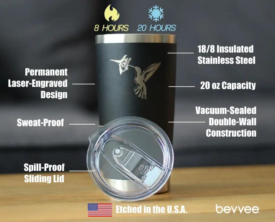 Insulated Coffee Tumbler | 20 oz Stainless Steel | Sliding Lid | Hummingbird