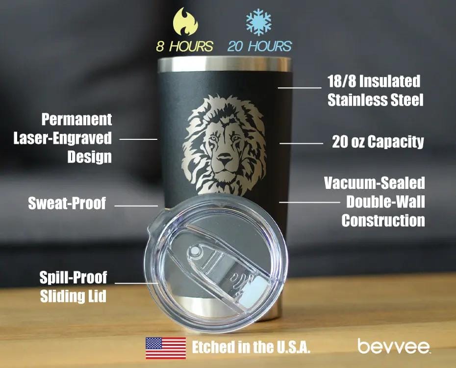 Insulated Coffee Tumbler | 20 oz Stainless Steel | Sliding Lid | Lion Face