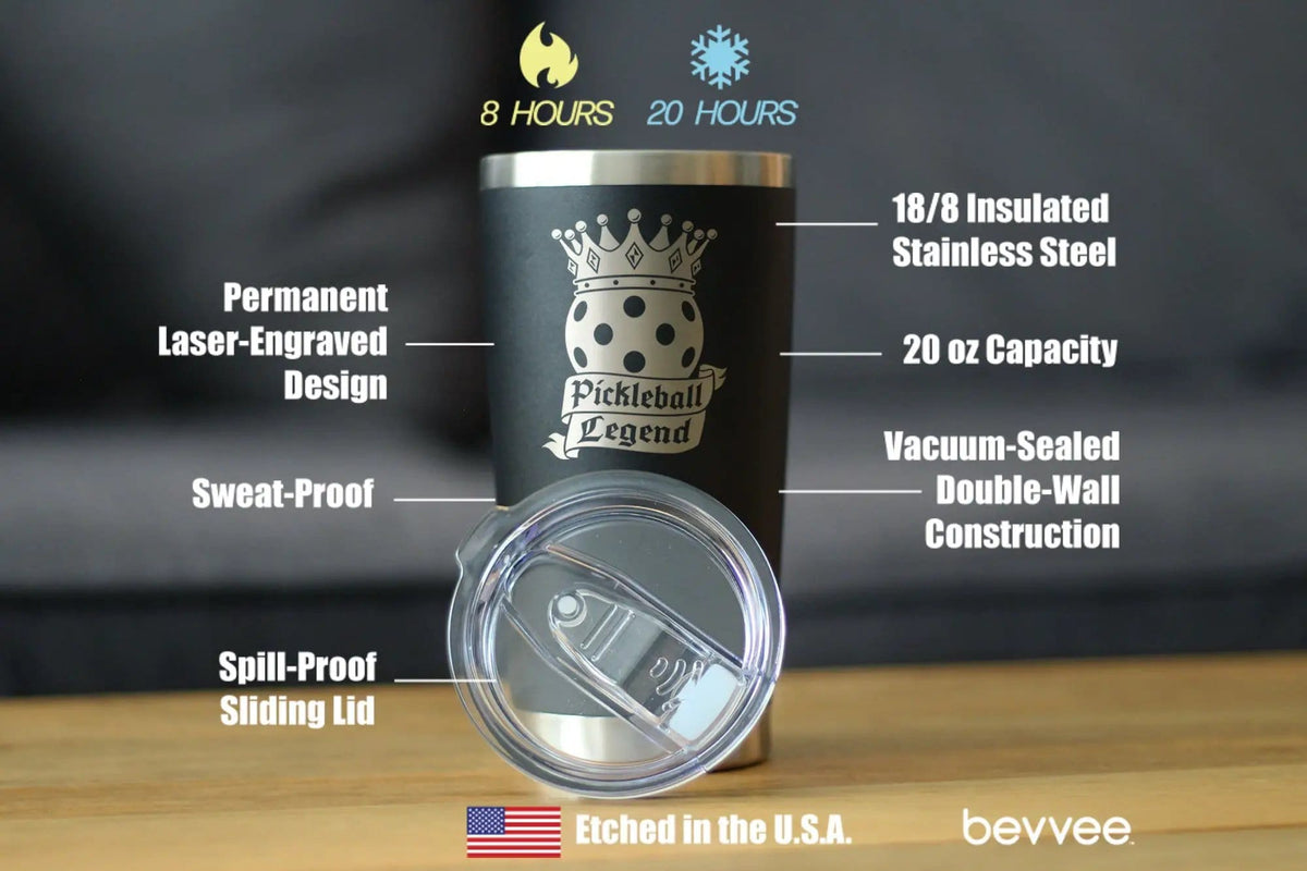 Insulated Coffee Tumbler | 20 oz Stainless Steel | Sliding Lid | Pickleball Legend