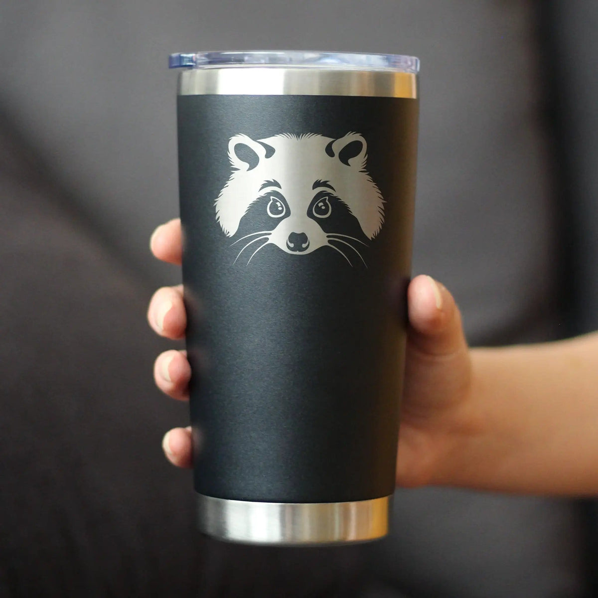 Raccoon Face Coffee Tumbler | 20 Oz Double Wall Stainless Steel | Sliding Lid | Cute Raccoon Gifts