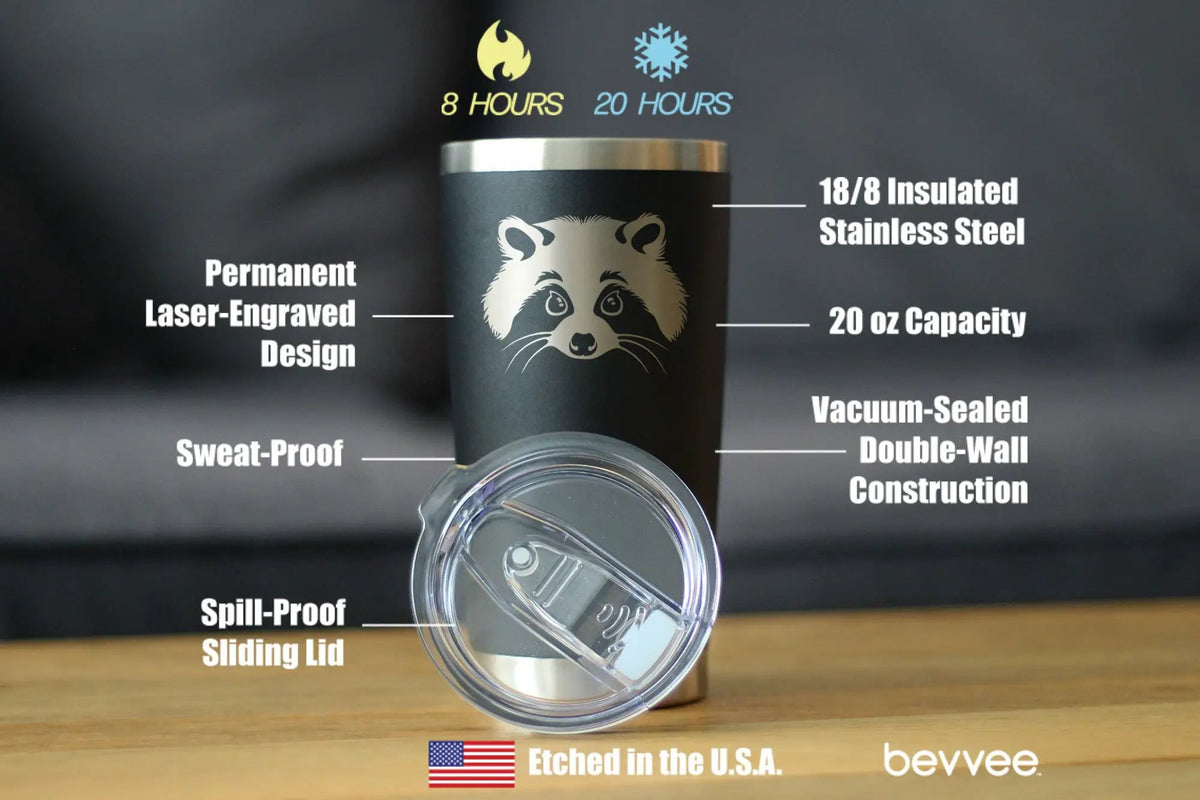Raccoon Face Coffee Tumbler | 20 Oz Double Wall Stainless Steel | Sliding Lid | Cute Raccoon Gifts